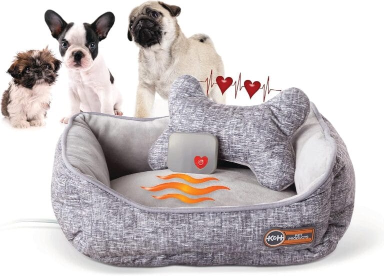 K&H Pet Products Mother's Heartbeat Heated Dog Bed with Bone Pillow Heartbeat Puppy Toy, New Puppy Essential Heated Puppy Bed + Dog Anxiety Toy - Gray 11 X 13 Inches w/ Small Breed Heartbeat Rhythm