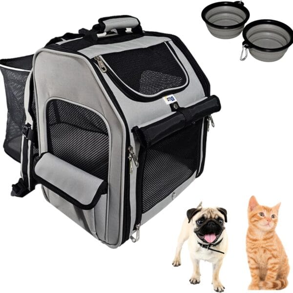 Expandable Pet Backpack Carrier  Dog & Cat Travel Bag with 4-Way Entry, Mesh Windows, Storage Pockets, Secure Zippers, Washable Cushion, Bonus 2 Collapsible Pet Bowls