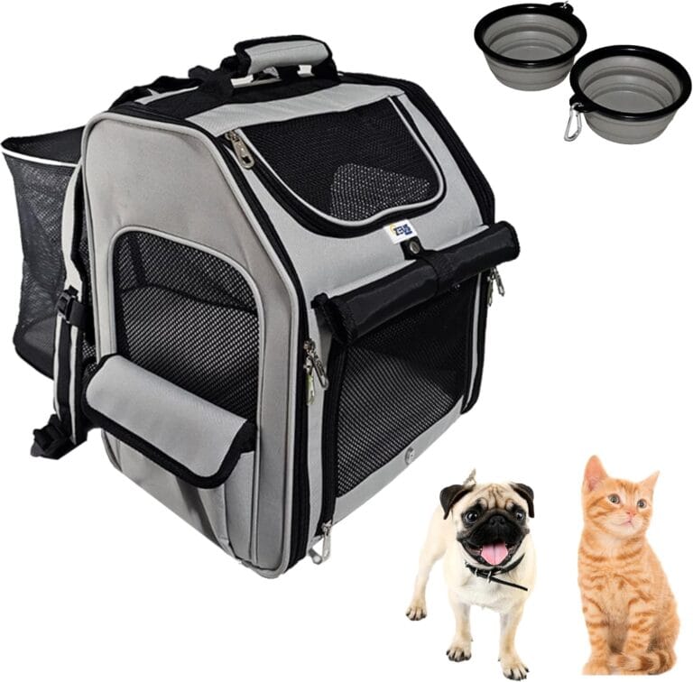 Expandable Pet Backpack Carrier  Dog & Cat Travel Bag with 4-Way Entry, Mesh Windows, Storage Pockets, Secure Zippers, Washable Cushion, Bonus 2 Collapsible Pet Bowls