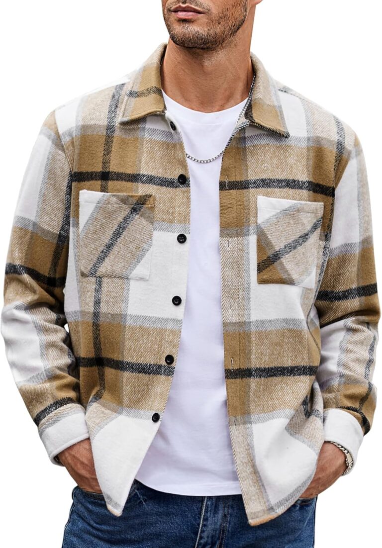 COOFANDY Men's Flannel Shirts Casual Button Down Plaid Shirt Jacket Long Sleeve Fleece Shacket with Pockets