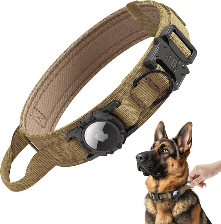 Tactical AirTag Dog Collar - Heavy Duty, Adjustable GPS Collar Compatible with Apple AirTag, with Holder & Control Handle for Medium/Large Dogs [ Brown, L ]