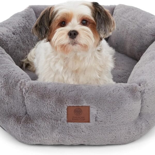 American Kennel Club Round Plush Dog Bed - 20" Cozy Donut Design for Small Pets, Ultra-Soft Washable Pet Bed with Non-Slip Bottom, Durable High-Loft Filling, Gray