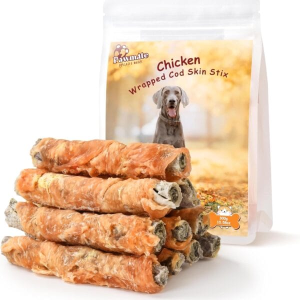 Dog Treats Chicken Wrapped Cod Fish Skin Sticks, Healthy High Protein Omega3 Cod Twist Dog Chews Real Chicken Wrap Teeth Cleaning for Large Medium Small Breeds, 10.6 oz