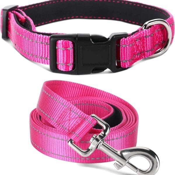 Soft Neoprene Padded Dog Collar and Leash Set for Small Medium Large Dogs, Reflective Durable Nylon Dog Collar with 5ft Leash Easy for Walking, Hot Pink,Neck fit 10.5-15.5
