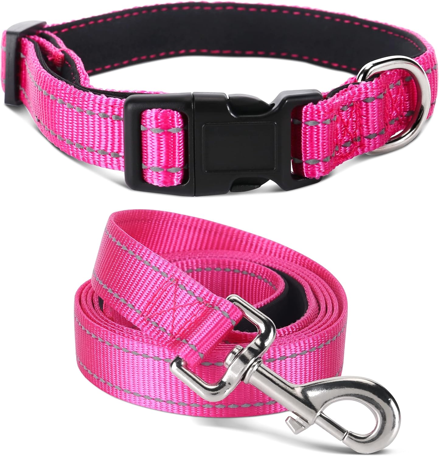 Soft Neoprene Padded Dog Collar and Leash Set for Small Medium Large Dogs, Reflective Durable Nylon Dog Collar with 5ft Leash Easy for Walking, Hot Pink,Neck fit 10.5-15.5 Soft Neoprene Padded Dog Collar and Leash Set for Small Medium Large Dogs, Reflective Durable Nylon Dog Collar with 5ft Leash Easy for Walking, Hot Pink,Neck fit 10.5-15.5