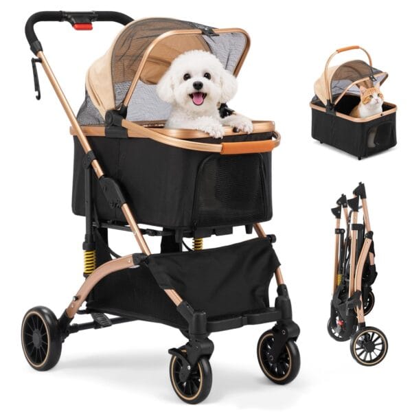 Coziwow Dog Stroller for Pets, One Hand Fold Puppy Stroller with 6 Shock Absorbers, Removable Cabin & Storage Basket, 4 Wheels Dual Brakes, Rose Gold + Black