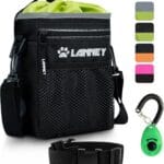 Dog Treat Pouch Pet Training Bag for Small to Large Dogs, Treat Tote Carry Kibble Snacks Toys for Training Reward Walking, Metal Clip, Waist belt, Shoulder Strap, Poop Bag Dispenser, Black with Green