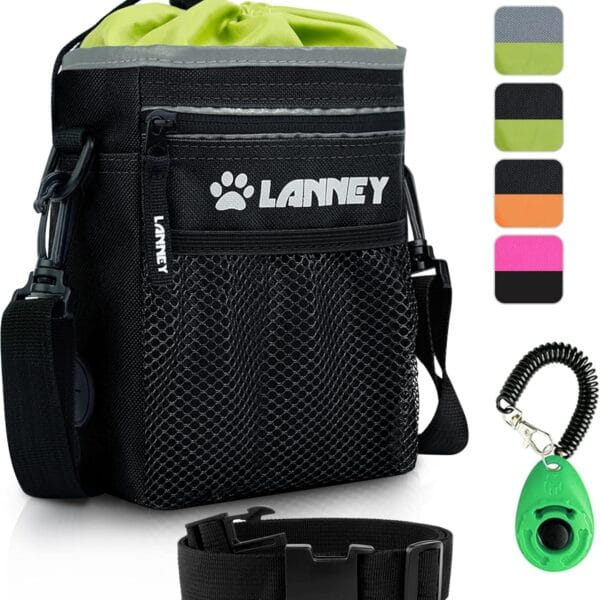 Dog Treat Pouch Pet Training Bag for Small to Large Dogs, Treat Tote Carry Kibble Snacks Toys for Training Reward Walking, Metal Clip, Waist belt, Shoulder Strap, Poop Bag Dispenser, Black with Green