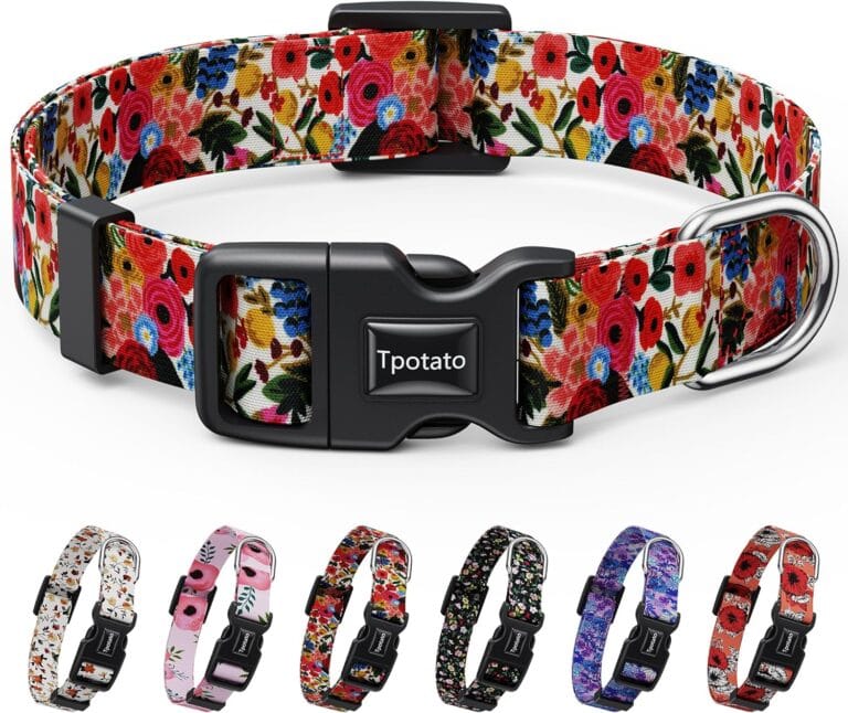 Tpotato Reflective Combination Pattern Girl Dog Collar for Puppy Small Medium Large Breed Dogs,Female Cute Floral Designer Dog Collars,Adjustable Soft Nylon Pet Collar,Quick Release Dog Collar L