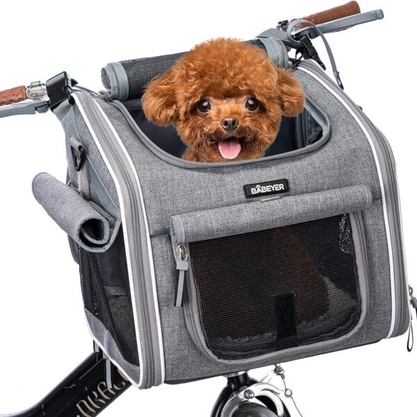 Dog Bike Basket, Expandable Soft-Sided Pet Carrier Backpack with 4 Open Doors, 4 Mesh Windows for Small Dog Cat Puppies-Grey