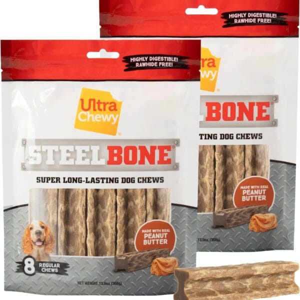 Ultra Chewy Steel Bones Regular Size Peanut Butter Flavor - Super Long Lasting Dog Chews - Rawhide Free & Highly Digestible - Unique Shape Helps Clean Teeth - Ideal Dog Bones for Aggressive Chewers