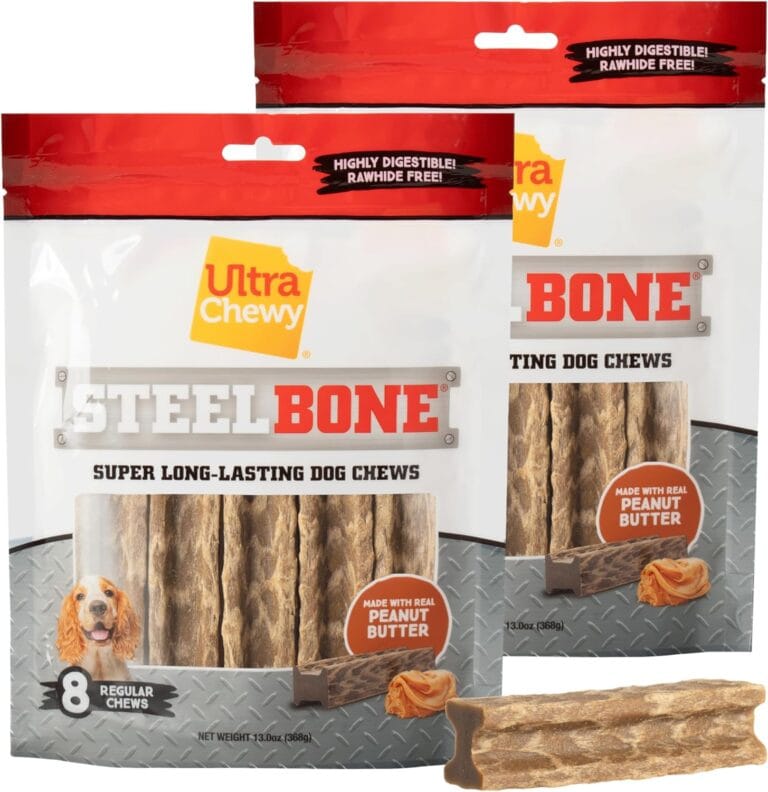 Ultra Chewy Steel Bones Regular Size Peanut Butter Flavor - Super Long Lasting Dog Chews - Rawhide Free & Highly Digestible - Unique Shape Helps Clean Teeth - Ideal Dog Bones for Aggressive Chewers