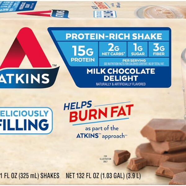 Atkins Milk Chocolate Delight High Protein Shake, 15g Protein, Low Glycemic , 2g Net Carb, 1g Sugar, Keto Friendly , Chocolate Flavored Protein Shakes, 12 Count