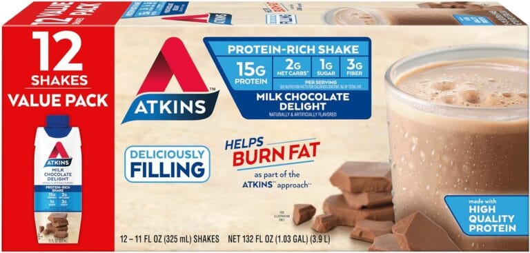 Atkins Milk Chocolate Delight High Protein Shake, 15g Protein, Low Glycemic , 2g Net Carb, 1g Sugar, Keto Friendly , Chocolate Flavored Protein Shakes, 12 Count