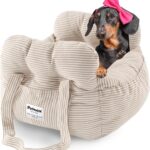 Dog Car Seat for Small Dogs, Portable Puppy Car Seat of Easy Installation, Fashionable Pet Carrier Bag with Large Pockets, Machine Washable Dog Booster Seat (Striped Khaki)
