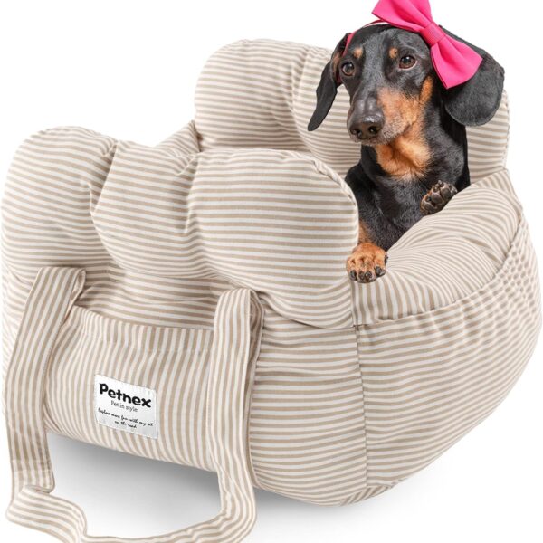 Dog Car Seat for Small Dogs, Portable Puppy Car Seat of Easy Installation, Fashionable Pet Carrier Bag with Large Pockets, Machine Washable Dog Booster Seat (Striped Khaki)