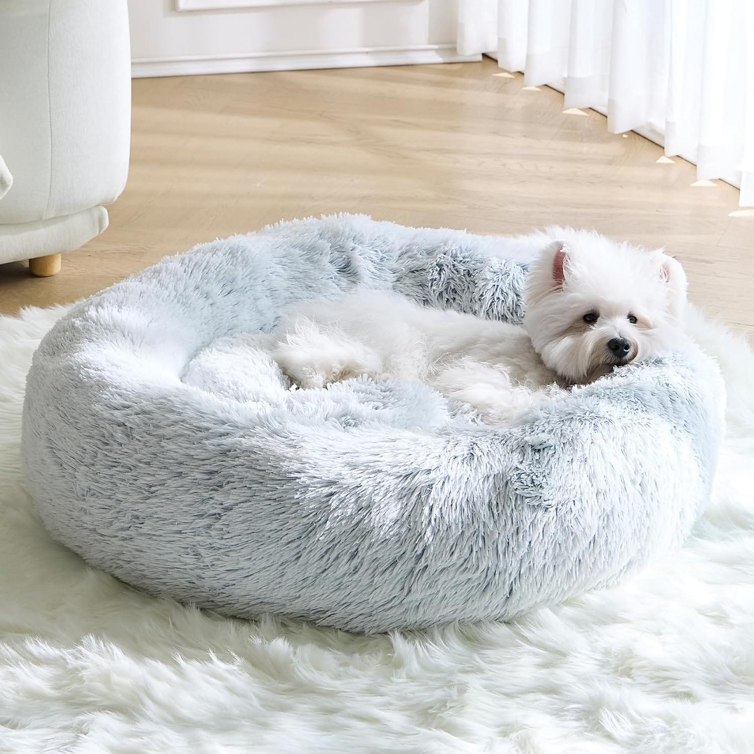 Calming Small Dog Bed, Donut Fluffy Anti-Anxiety Round Washable Cute Bed, Plush Cozy Cuddler Warming Soft Comfort Pet Bed for Small Medium Dogs Cats, 20inch,Light Grey White Calming Small Dog Bed, Donut Fluffy Anti-Anxiety Round Washable Cute Bed, Plush Cozy Cuddler Warming Soft Comfort Pet Bed for Small Medium Dogs Cats, 20inch,Light Grey White