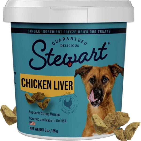 Stewart Chicken Liver Dog Treats, 3 oz, ~55 Pieces, Freeze Dried Raw, Single Ingredient, 60% Protein Training Treats or Meal Topper in a Resealable Tub, Grain Free, Gluten Free