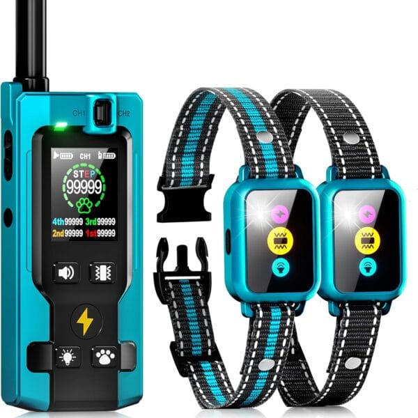 Dog Shock Collar for 2 Dogs 4200FT: Innovative Step Counter & Smart Color Screen Dog Training Collar with Remote 5 Modes, IP67 Waterproof Rechargeable Ecollars for Large Medium Small Dogs