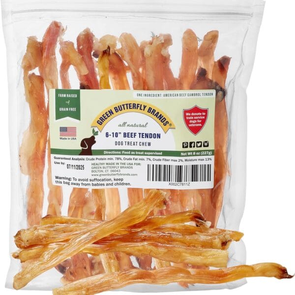 Beef Tendons for Dogs. USA Made, Grass Fed, All Natural Dental Chews. Grain Free, Odor Free (8 OZ)