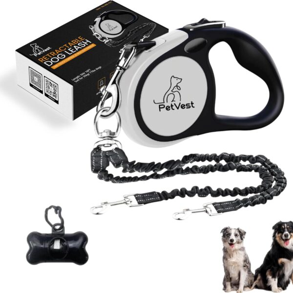 Dual Retractable Dog Leash  16 FT Tangle-Free Leash for 2 Dogs, Detachable for Single Use, One-Button Brake & Lock, Up to 77 lbs Each, 360 Swivel, Non-Slip Handle + Poop Bag Holder