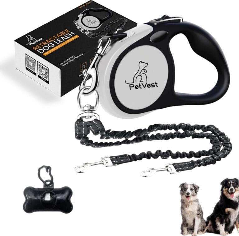 Dual Retractable Dog Leash  16 FT Tangle-Free Leash for 2 Dogs, Detachable for Single Use, One-Button Brake & Lock, Up to 77 lbs Each, 360 Swivel, Non-Slip Handle + Poop Bag Holder