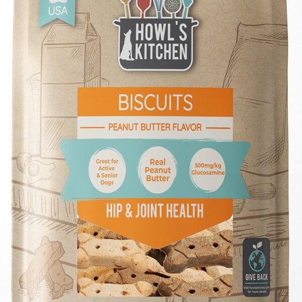 Howl's Kitchen Biscuits, 12 oz Bag, 1 Count, Peanut Butter Flavor, Hip and Joint Formula, Rawhide Free, Soft and Chewy Dog Treats, 500mg of Glucosamine for Dogs, For Active and Senior Dogs