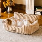 MEWOOFUN Dog Couch Bed, Fluffy Small Dog Bed with Removable Washable Cover, Supportive Cat Couch for Cats & Dogs up to 25 lbs (Camel, 30x21x12)