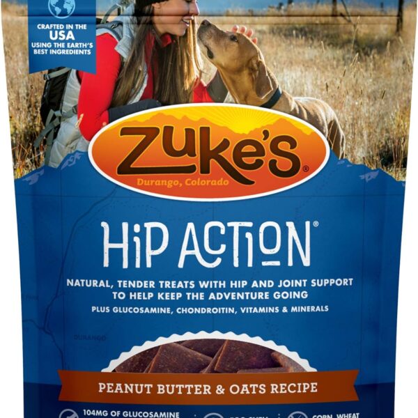 Zukes Hip Action, Hip And Joint Support, Soft And Chewy Natural Dog Treats , Peanut Butter And Oats Recipe - 6.0 OZ Bag
