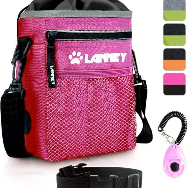 Dog Treat Pouch Pet Training Bag for Small to Large Dogs, Treat Tote Carry Kibble Snacks Toys for Training Reward Walking, Metal Clip, Waist belt, Shoulder Strap, Poop Bag Dispenser and Clicker