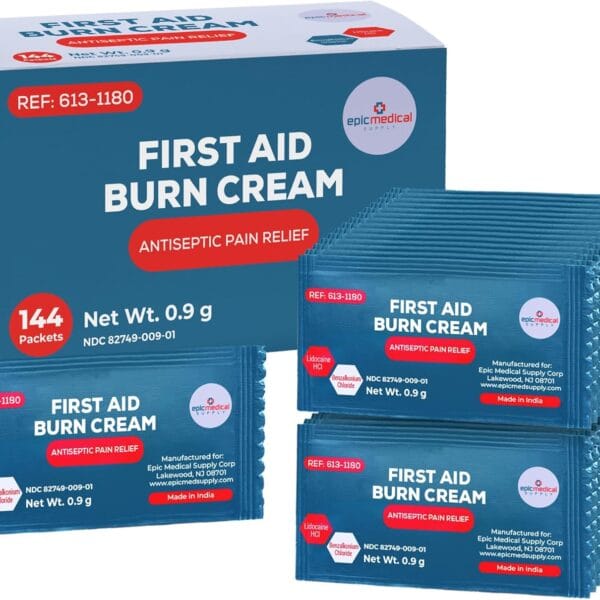 First Aid Burn Cream Packets Box of 144, Burn Ointment with Lidocaine and Benzalkonium Chloride for Minor Scrapes, Cuts, and Skin Irritations, Home and Medical Skincare