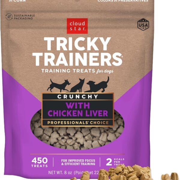 Cloud Star Tricky Trainers Crunchy Dog Training Treats 8 oz. Bag, Chicken Liver Flavor, Low Calorie Behavior Aid with 450 treats