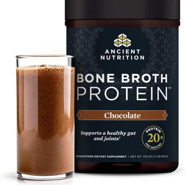 Ancient Nutrition Protein Powder Made from Real Bone Broth, Chocolate, 20g Protein Per Serving, 20 Serving Tub, Gluten Free Hydrolyzed Collagen Peptides Supplement, Great in Protein Shakes