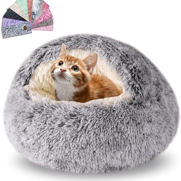 Cat Beds for Indoor Cats,Cat Cave for Puppy and Kitty,Calming Small Dog Bed for Small Dogs with Cover Cave,Cozy Warming Fluffy Washable Anti-Slip Pet Sleeping Bag(24 * 24inch,Grey)