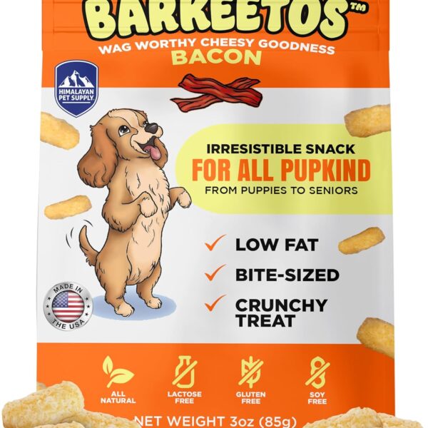 Barkeetos Dog Treats, Crunchy and Cheesy Pet Snacks Made with Real Himalayan Cheese and Bacon, Gluten Free, Grain Free, Lactose Free, Natural Dog Food for All Breeds and Sizes