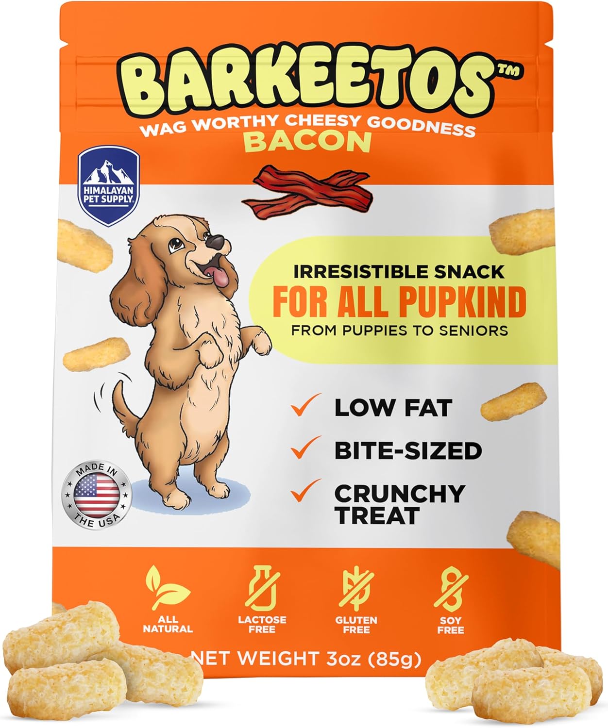 Barkeetos Dog Treats, Crunchy and Cheesy Pet Snacks Made with Real Himalayan Cheese and Bacon, Gluten Free, Grain Free, Lactose Free, Natural Dog Food for All Breeds and Sizes Barkeetos Dog Treats, Crunchy and Cheesy Pet Snacks Made with Real Himalayan Cheese and Bacon, Gluten Free, Grain Free, Lactose Free, Natural Dog Food for All Breeds and Sizes