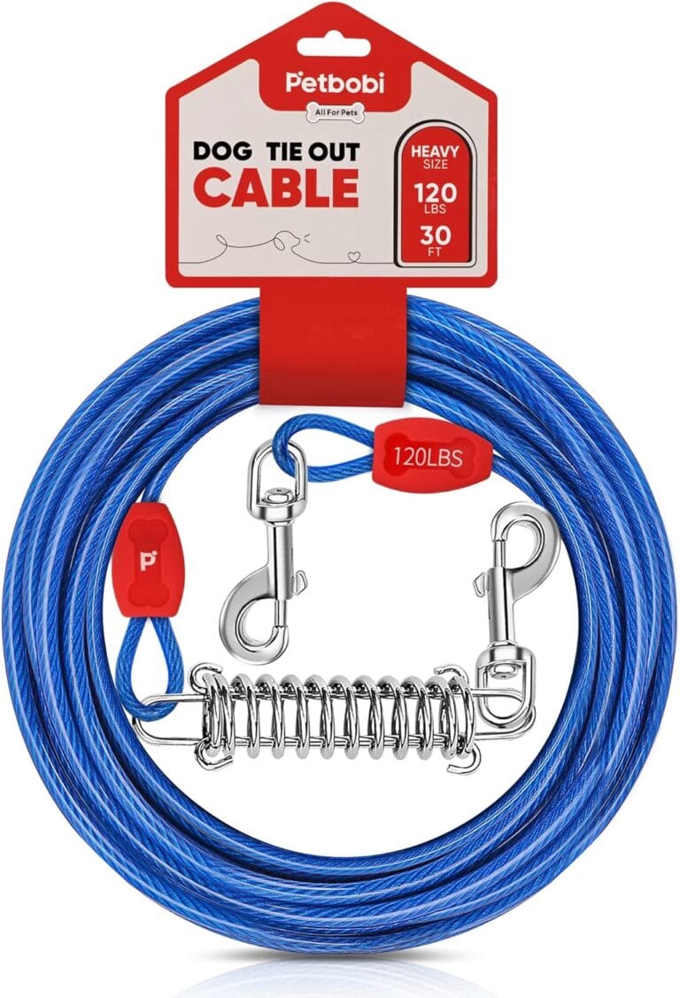 Petbobi Dog Tie-Out Cable 30ft -Heavy Duty Dog Lead Up to 120 lbs, Outdoor Leash Metal Cable with Shock Spring 360 Swivel Clips, for Yard Camping, Fit Small Medium Large Pets, Blue