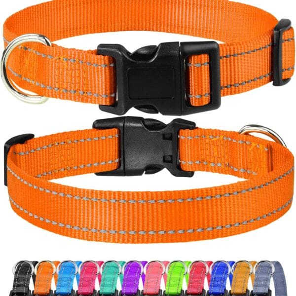 FunTags Reflective Dog Collar, Sturdy Nylon Collars for Large Girl and Boy Dogs, Adjustable Dog Collar with Quick Release Buckle, Orange