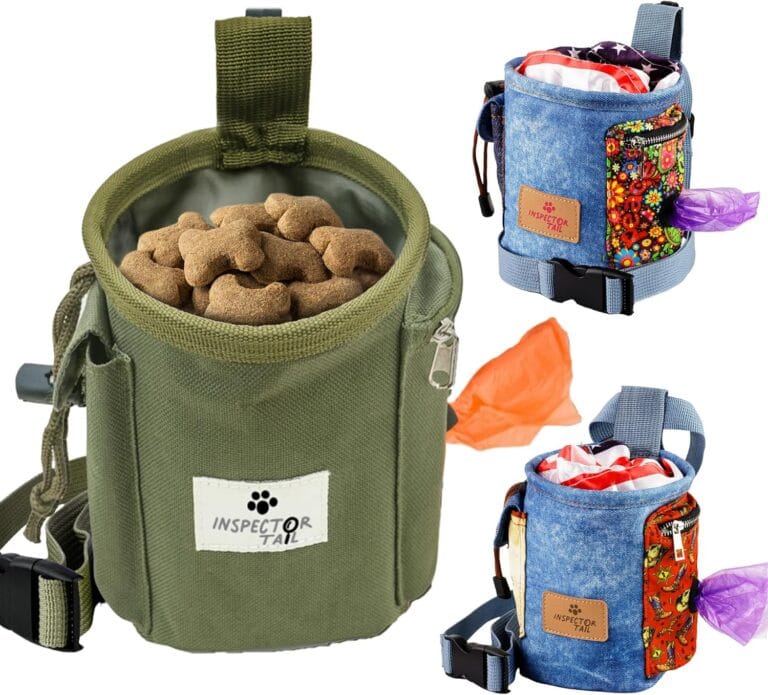 INSPECTOR TAIL Dog Treat Pouch w Drawstring to Prevent Spills | 2 Cup Tote | Hands Free w 4 Ways to Wear Puppy Bag w Pockets for Snacks Poop Bags Keys & Cards | Pet Training Walking & Rewarding Holder