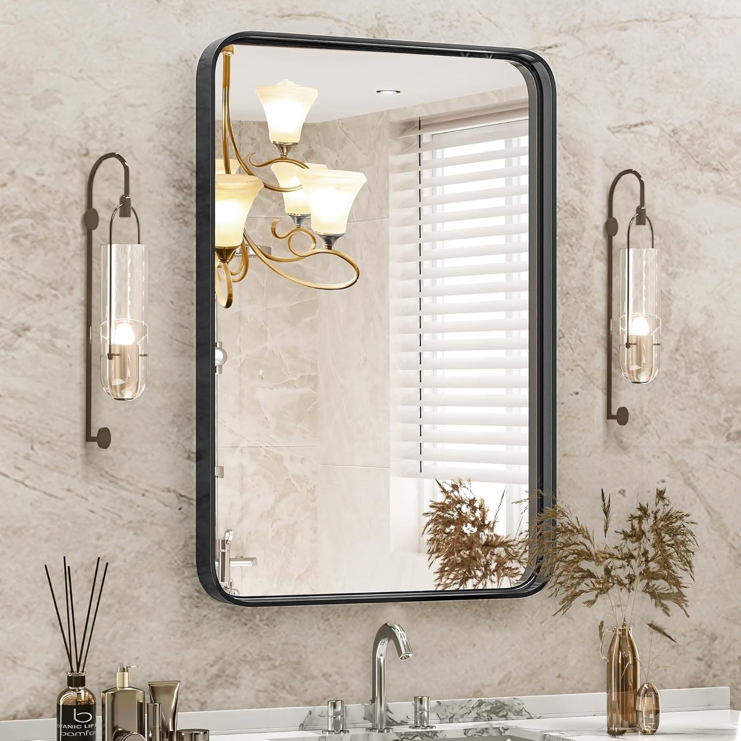 DUMOS Black Metal Framed Vanity Rounded Rectangle Bathroom Mirrors for Over Sink Wall, 30x22 Inch Matte Large Mirror, Modern Decorative for Restroom, Farmhouse, Horizontally or Vertically Hanging DUMOS Black Metal Framed Vanity Rounded Rectangle Bathroom Mirrors for Over Sink Wall, 30x22 Inch Matte Large Mirror, Modern Decorative for Restroom, Farmhouse, Horizontally or Vertically Hanging