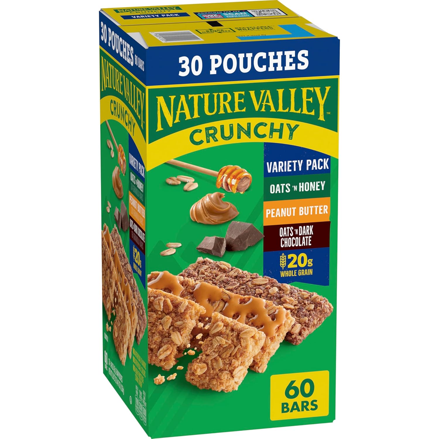 Nature Valley Crunchy Granola Bars Bulk Variety Pack, Oats 'n Honey, Peanut Butter & Oats 'n Dark Chocolate, 30 Two-Bar Wrapped Pouches (60 Bars Total), Whole Grain, No Artificial Flavors, 44.7 OZ Nature Valley Crunchy Granola Bars Bulk Variety Pack, Oats 'n Honey, Peanut Butter & Oats 'n Dark Chocolate, 30 Two-Bar Wrapped Pouches (60 Bars Total), Whole Grain, No Artificial Flavors, 44.7 OZ