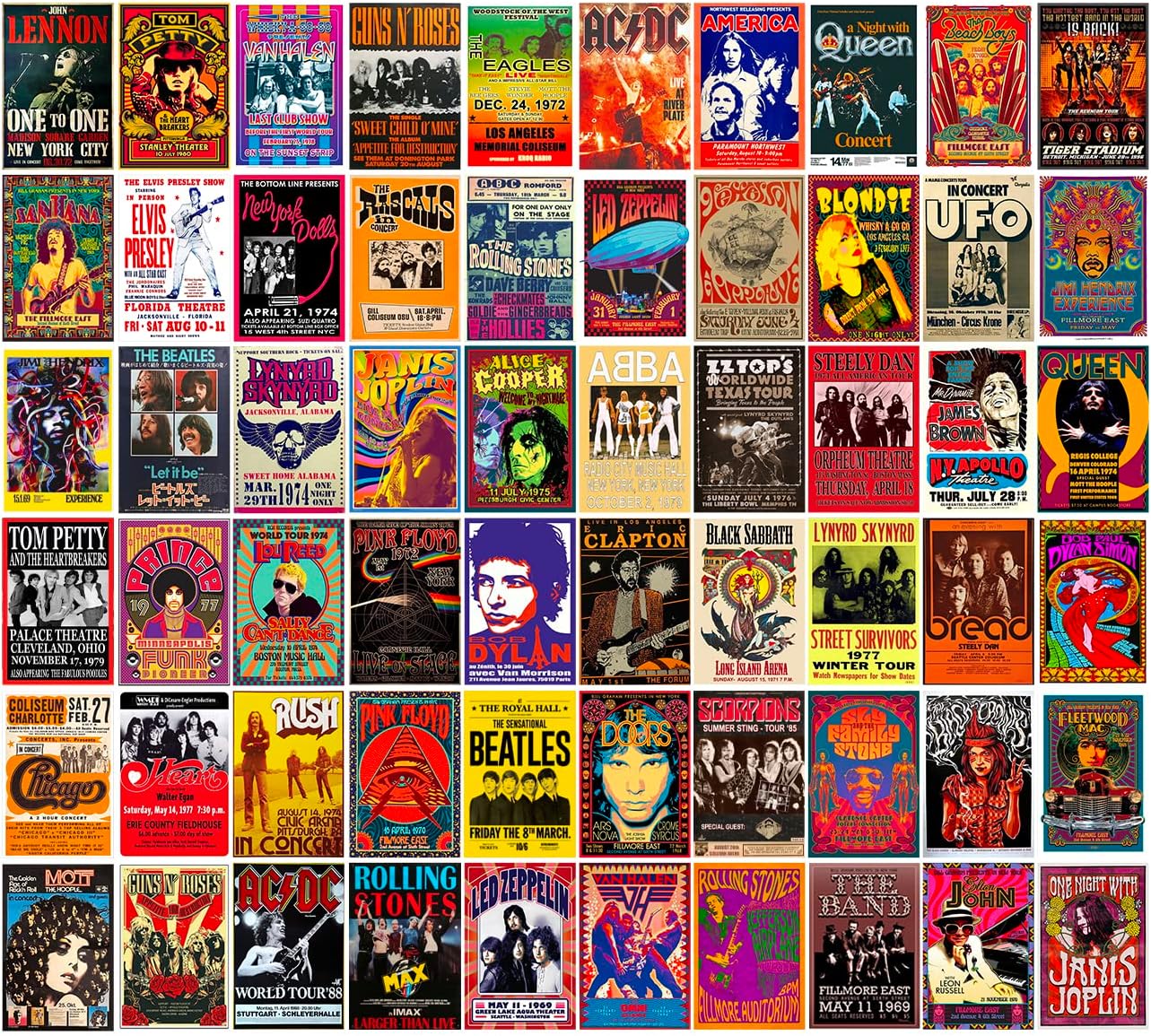 WOONKIT 60 PC Vintage Rock Band Posters, 70s 80s 90s Retro Concert Prints, Bedroom Wall Art, Album Cover Collage, 4x6 Inch (Set of 60) WOONKIT 60 PC Vintage Rock Band Posters, 70s 80s 90s Retro Concert Prints, Bedroom Wall Art, Album Cover Collage, 4x6 Inch (Set of 60)