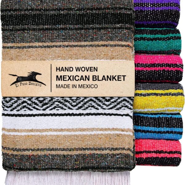 El Paso Designs Mexican Yoga Blanket  Colorful Falsa Serape Throw for Yoga, Beach, Picnic, Saddle, or Home Dcor  Soft Woven Boho Blanket (Beige)