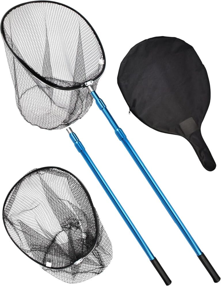 Large Fishing Net with Telescoping Handle Saltwater Rubber Kayak Fishing Landing Net Blue Fish Nets with Long Handle Extends 90-120inch, Net Hoop 22.7x20.7in, 20.8in Deep