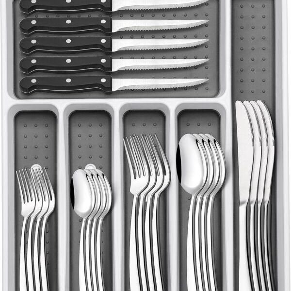 49-Piece Silverware Set with Organizer, Heavy Duty Stainless Steel Flatware for 8, Cutlery Utensil Sets with Steak Knives, Rust-proof, Mirror Polished, Dishwasher Safe