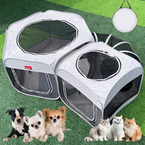 Portable Dog Playpen 2-Room with Tunnel, 3-in-1 Large Cat Crate Play Enclosure with Separate Areas, Foldable Pet Playpen for Puppy Kitten and Small Animals Indoor Outdoor