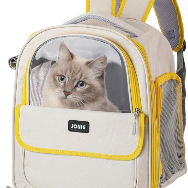 Cat Backpack Carrier for Large Cats up to 15lbs Pet Travel Backpack with Transparent Window Mesh Ventilated Portable Dog Cat Bag for Outdoor Hiking Mochila para Gatos transportadora mascota (Yellow)