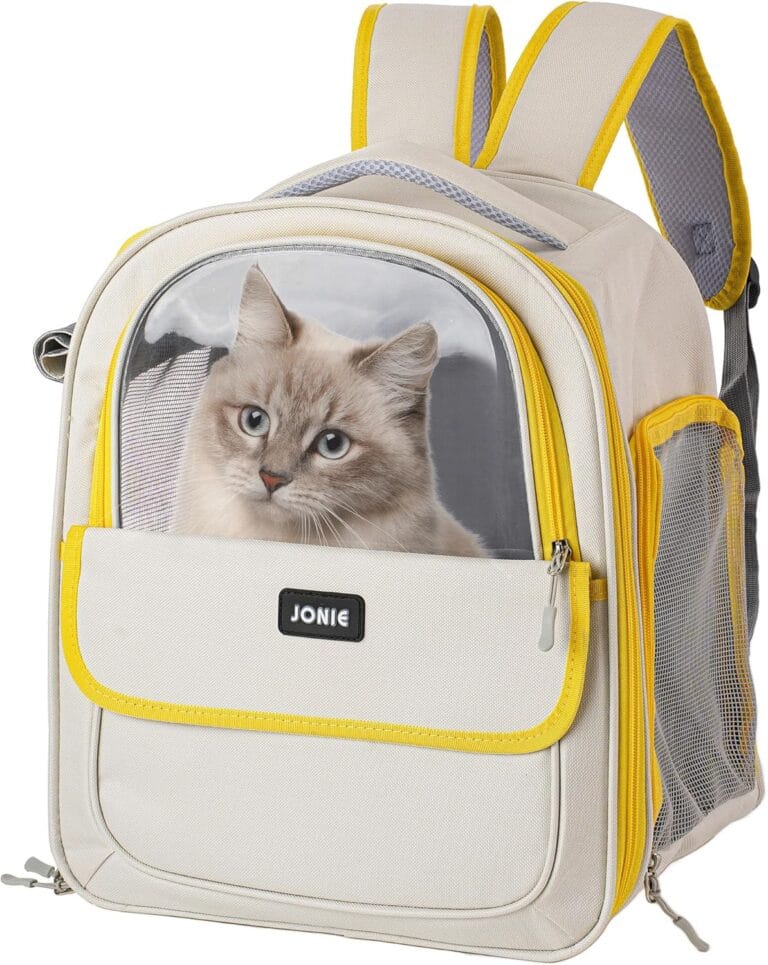 Cat Backpack Carrier for Large Cats up to 15lbs Pet Travel Backpack with Transparent Window Mesh Ventilated Portable Dog Cat Bag for Outdoor Hiking Mochila para Gatos transportadora mascota (Yellow)