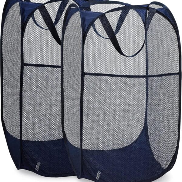 Handy Laundry Collapsible Mesh Pop Up Hamper with Wide Opening and Side Pocket - Breathable, Sturdy, Foldable, and Space-Saving Design for Clothes and Storage (Blue | 2-Pack)