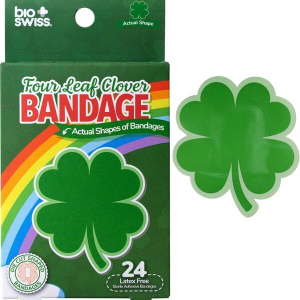 BioSwiss Kids Bandages, 4 Leaf Clover Shaped Self Adhesive Bandage Set, Latex Free, Sterile Wound Care, 24 Count